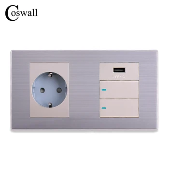 Coswall 16A Стандартна Стенни изход ЕС + USB порт За Зареждане на мобилни устройства 5 2.1 А на Изхода + 2 Банди 2-ходова Превключвател на LED индикатор 160*86 мм