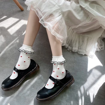 Дамски сладки двуслойни къси чорапи с волани и набори в японски стил Лолита Kawai, едно малко сърце, принт, Студентска принцеса, памучен глезен