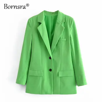 Bornsra Есен 2021 Флуоресцентно Зелено обикновен костюм однобортный яке, средна дължина на Главната улица Женски блейзър Женски