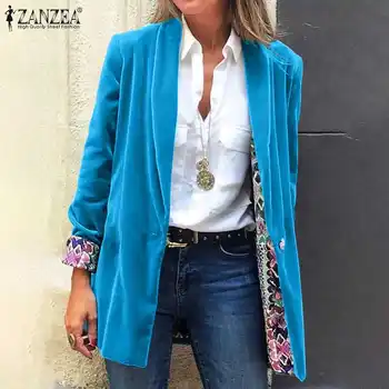 ZANZEA Нов модерен блейзър Женски есента случайни жилетка с отворотами, дамски якета с висока талия, Офис облекло, кадифено палто в стил мозайка