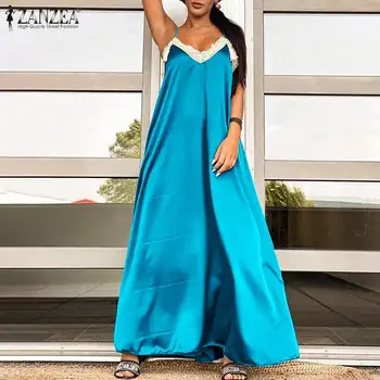 Богемное атласное женствена рокля 2021 Лятна рокля Макси ZANZEA Ежедневното однотонное дантелено мозайка свободно рокля-сарафан с каишка на Извънгабаритни празнична дреха