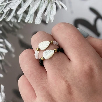 Черно - бели пръстени от естествен камък за жените във формата на сърце във формата на звезда със златен пръстен от мъниста за Подарък на парти Мода декорация