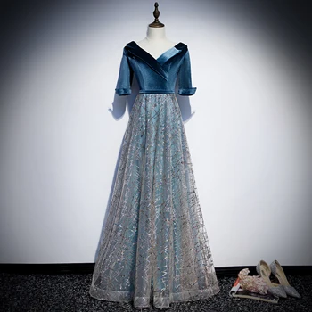 Велюровое вечерна рокля с V-образно деколте и сини ръкави до половината ръкави в стил мозайка трапецовидна форма с дължина до пода, Плюс размера на Индивидуалното вечерна рокля за жените 2020 R1279