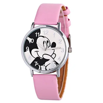 Луксозна марка Модерен часовник с Мики и Мини Дамски часовници за момчета Мультяшные часовници Кожени унисекс кварцов часовник Студентски подарък