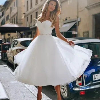 Кратко сватбена рокля е Просто Нова рокля 2021 година Robe De Mariee, сшитое по поръчка за жени, Дължина чай, колан от мъниста, Сватбената рокля на линия Vestido De Novi