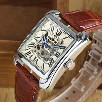 Часовници Goer Мъжки квадратни часовници с кожена каишка на Автоматични и механични часовници, Модни Ежедневни мъжки часовници-скелет Relogio Masculino