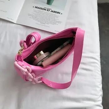 2021 Лятна дамска чанта от лачена кожа цвят бонбони на рамото с акрилни веригата за подмишниците, чанти през рамо, дамски чанти, чанти