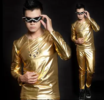 Модерен панталон и риза за мъже с дълъг ръкав тийнейджърката корейската риза мъжки пънк-тънка сексуална идентичност сценична певицата танц злато, сребро