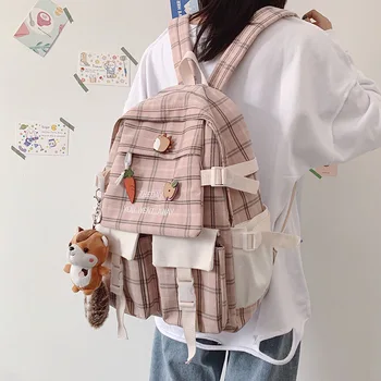 Раница за момичета от 2021 Нова Училищна чанта за студентки Японски Платно Чист Стил Клетчатая пътна чанта За жени