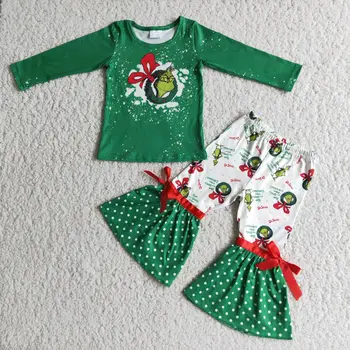 Коледа момиче нов зелен костюм с дълги ръкави с анимационни принтом животни модни разкроена панталони на точки с възел на пеперуди