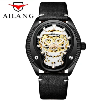 AILANG Златен Череп Steampunk Прозрачни Механични часовници Мъжки Автоматичен часовник с виртуален скелет Най-добрата Марка на Луксозни Мъжки часовник