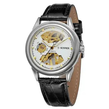 Часовници T-WINNER моден тренд кухи издълбани дизайн, черна кожена каишка ежедневни луксозни автоматични мъжки ръчни механични часовници