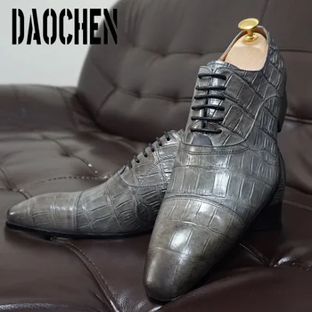Италиански мъжки Оксфордские обувки с принтом крокодилска кожа, мъжки модел обувки дантела с остри пръсти, Сватбени офис кожени обувки за мъже